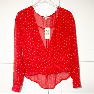 Decree Red Sheer Blouse Coral Triangles Long Sleeve NEW